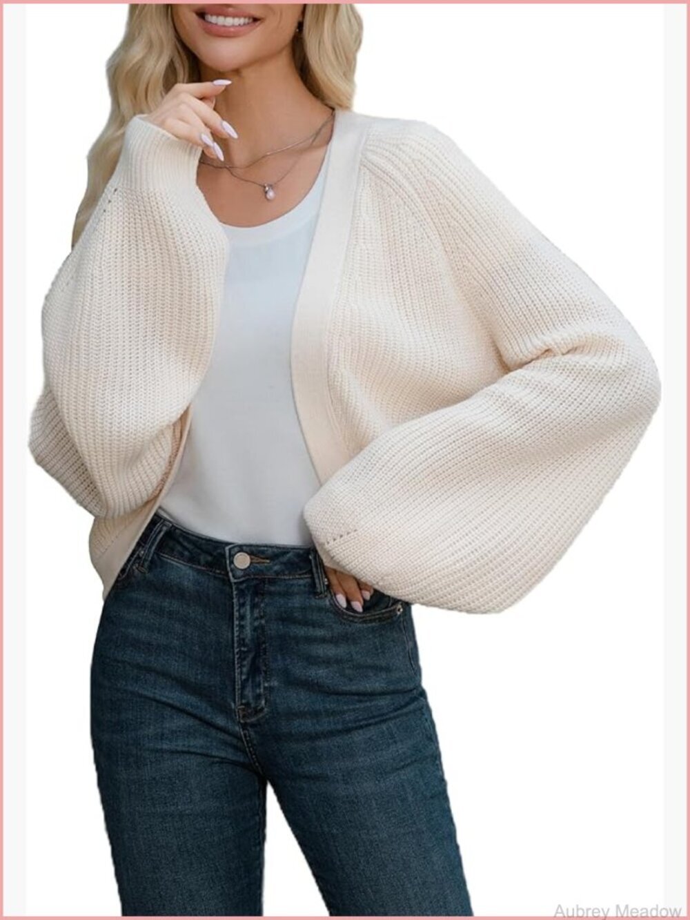 Oversized Open Front Cardigan Cropped Lantern Sleeve Knitted Bolero